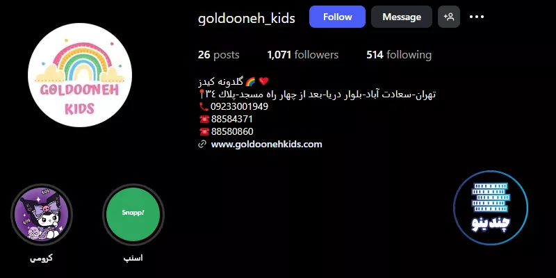 5 تا از بهترین خانه بازی کودک در غرب تهران + امکانات و قیمت 1404 8 اینستاگرام خانه بازی کودک گلدونه در غرب تهران